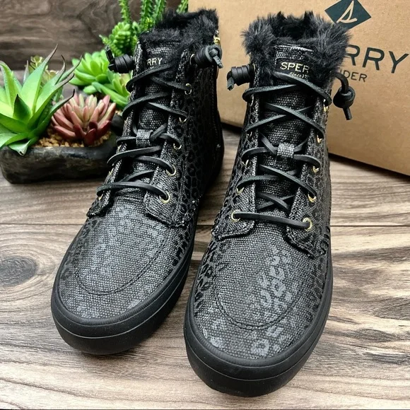 NIB Sperry Crest Vibe Canvas High Top Sneaker Black Animal Print Textile - Picture 3 of 13
